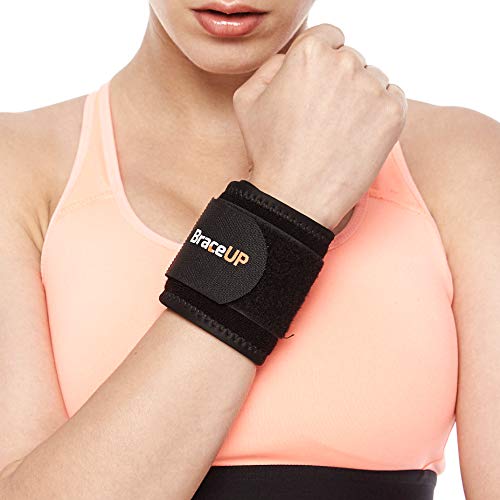 Wrist Compression Strap and Wrist Wraps by BraceUP - Wrist Bands, Braces for Tendonitis, Tennis, Gym, Workout, One Size Adjustable (Black), 1 PC
