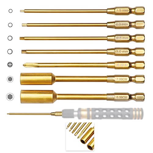 Frihobby 1.5Mm 2Mm 2.5Mm 3Mm Titanium Hex Head Allen Wrench Drill Bit Set, M4 / M5 Lock Nut Hex Nut Driver Phillips Bit 1/4" Quick Change Rc Hobby Tools Kit #TOP6