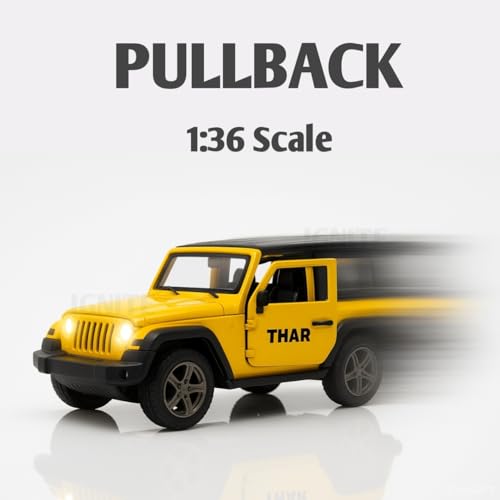 Image of 1:36 Scale Thar Toy Car - Die-Cast Alloy Model SUV with Pullback Action, Lights & Music, Openable Doors - Collectible Jeep Toy Car for Kids, Boys & Enthusiasts (Yellow)