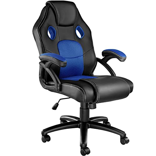 TecTake 800770 Sedia da Ufficio, Poltrona da Gioco, PC Direttore Scrivania, Ergonomica, Altezza Regolabile, 5 Rotelle Doppie, PVC -Disponibile in Diversi Colori (Nero-Blu | No. 403453)