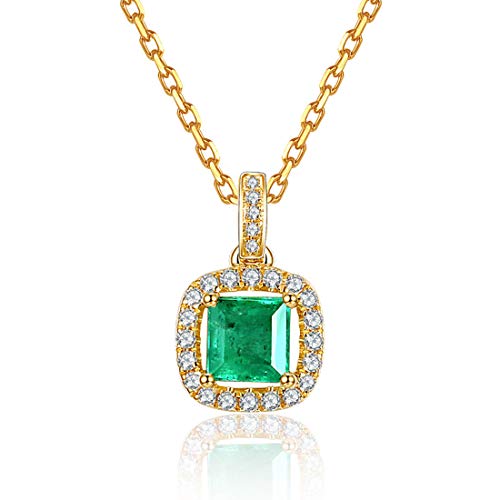 Carleen 14K Solid Yellow Gold May Birthstone 0.38CT Square Green Emerald 0.1CTTW White Diamond Small Dainty Multi-Gemstone Halo Pendant Necklace Fine Jewelry Valentines Day Gifts for Women, 18 Inch