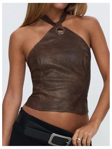 Verdusa Women's Y2K Lace Up Backless Leather Halter Top Rave Club Going Out Tops3