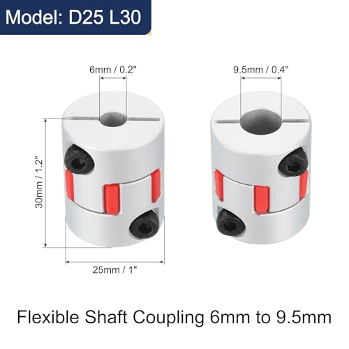 QUARKZMAN D25 L30 6mm bis 9.5mm Flexible Pflaumen Wellen Kupplung Aluminium Motor Anschluss Flexible Spider Kupplung für 3D Drucker CNC Maschine und Servo Schrittmotor (Silber Farbe/Rot)