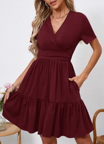 Image of Women's Casual Summer Dress V Neck Short Sleeve Flowy Stretchy Comfort Fit for Daily Wear Work Midi Dresses