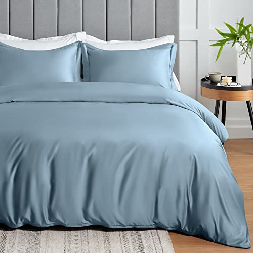 Cozylux 100% Organic Bamboo Duvet Cover Queen Set Size Blue 3Pcs 300Tc Luxury Comforter Cover 90" X 90", Oeko-Tex Cooling Bamboo Duvet Covers With Zipper Closure And Corner Ties #TOP2