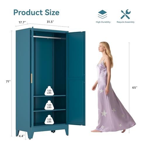 Image of Metal Wardrobe Closet with Doors and Shelves, 71 inch Farmhouse Bedroom Armoire with Hanger Rod and Clothing Shelf, White Steel Wardrobe Cabinet Storage Clothes Closet