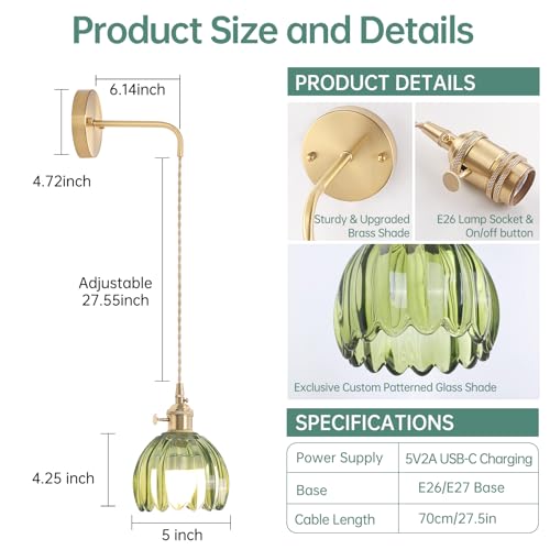 Image of Shenmoyl Battery Operated Wall Sconce with Green Tulip Shade Pattern Glass Adjustable Chain Retro Gold Wall Mounted Light, Modern Wall Lamp Fixtures Decor for Bedside Bedroom Indoor Doorway