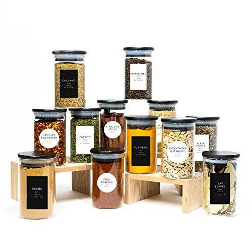 Savvy & Sorted 12 Black Bamboo Spice Jars - Large Spice Jars With Bamboo Lids - Seasoning Containers Glass Jars With Airtight Lids - Spice Jars Black Lids Bamboo Containers Kitchen Herb Pantry Jars #TOP5