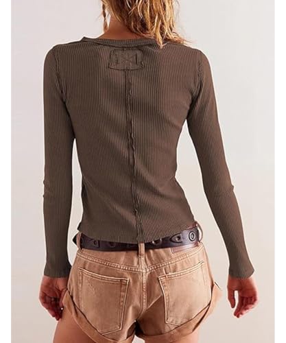 Image of Women's Slim Fitted Cardigan Ribbed Knit Long Sleeve Button Down Shirt Crewneck Y2K Blouse Tops,Coffee,S