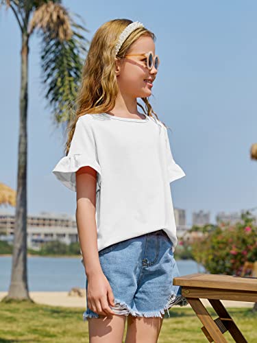 Kingdenergy Girls Summer Cute T Shirt Short Ruffle Sleeve Basic Soft Casual Plain Tunic Tops Tees Z-White #TOP4