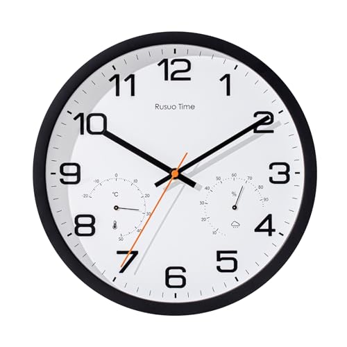Joyan Horloge Murale Radio Pilotée, Horloge Murale Moderne avec Affichage Température et Humidité, Pendule Murale Silencieuse Facile à Lire, pour Salon, Chambre, Cuisine (Noir Haut de Gamme)