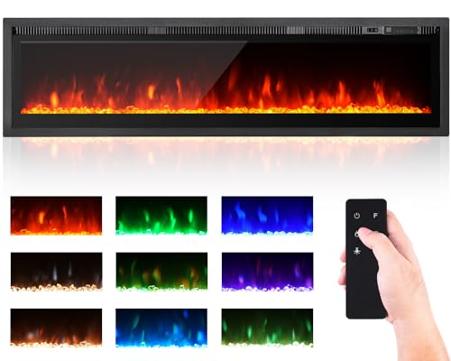 Cheminée électrique 102cm sur Pied, Murale, intégrée, Effet Flamme 9 Couleurs, télécommande, 900W-1800W, Chauffage électrique avec Cristal et Ensemble de bûches