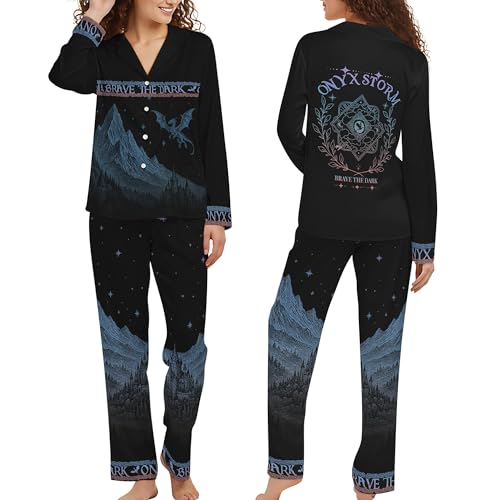 Onyx Fantasy Pajama Set - Brave The Dark Storm Empyrean Sleepwear with Dragon & Mountain Print for Women - Magical Gothic Nightwear Collared Neck Long Sleeve (XL)