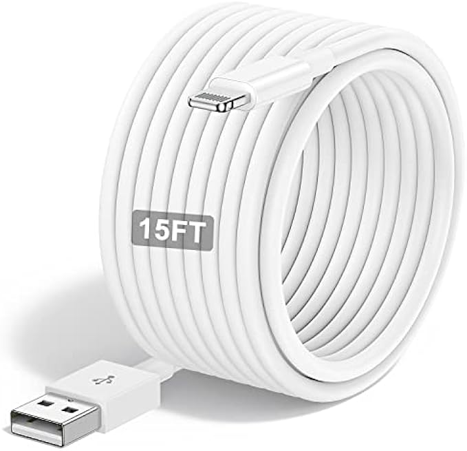 Extra Long iPhone Charger Cable 15 ft/5M,[Apple MFi Certified] USB to Lightning Cable15 ft, iPhone Fast Charging Cord for Apple iPhone 14/14pro/13/12/11/11Pro/11Max/ X/XS/XR/XS Max/8/7,iPad(White)
