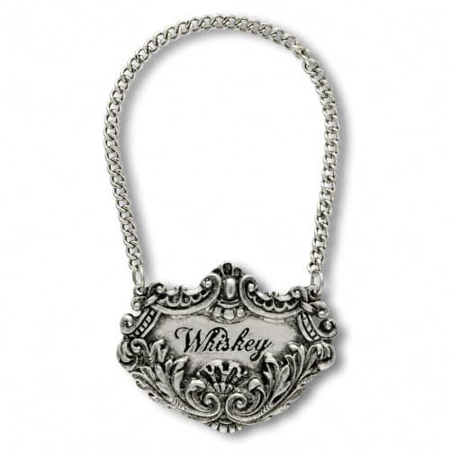 Vagabond House Medici Pewter Whiskey Decanter Tag - Elegant Engraved Liquor Bottle Label - 2.5" Wide for Home Bar Decor