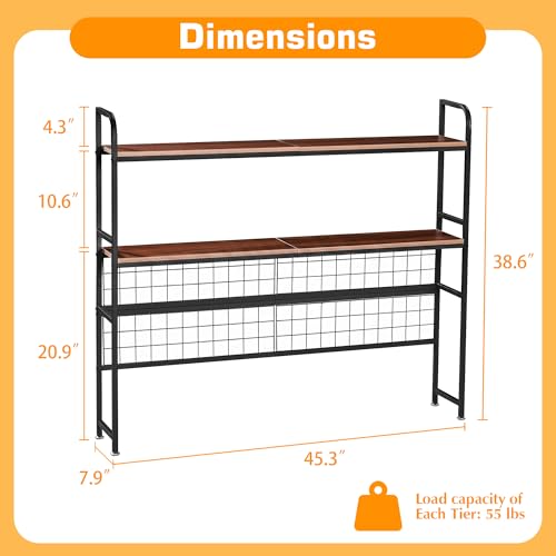 VECELO 2-Tier Desktop Bookshelf, Retro Brown Metal Desk Hutch with Grid Panel, 45.3 Inch Wide Countertop Storage Organizer for Bedroom & Dorm by VECELO - Used condition - Image 9