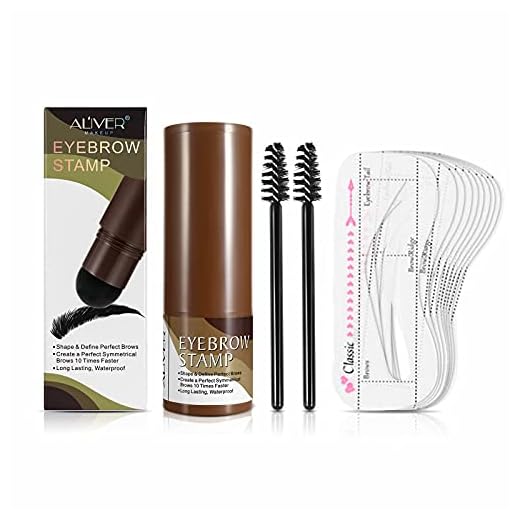 Eyebrow Stamp Stencil Kit - Adjustable Professional Waterproof Long Lasting Buildable Eyebrow Powder Stamp Makeup Tools with 10 Styles Reusable Eyebrow Stencils, 2 Eyebrow Pen Brushes (Medium Brown)