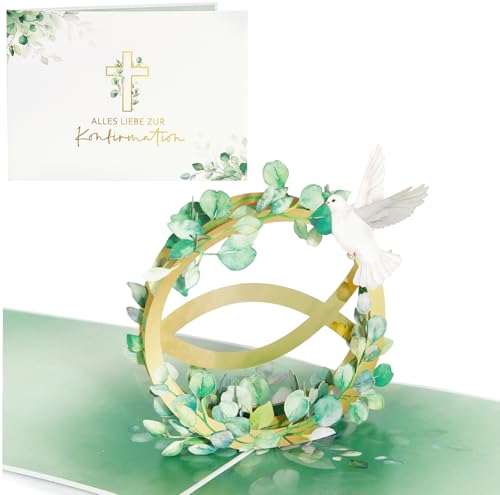 COMOOKA Pop Up Karten zur Konfirmation 3D Konfirmationskarten Fische Konfirmation Geschenke für Mädchen Junge Klappkarte mit Umschlag Geldgeschenke Eukalyptus Geldkarte