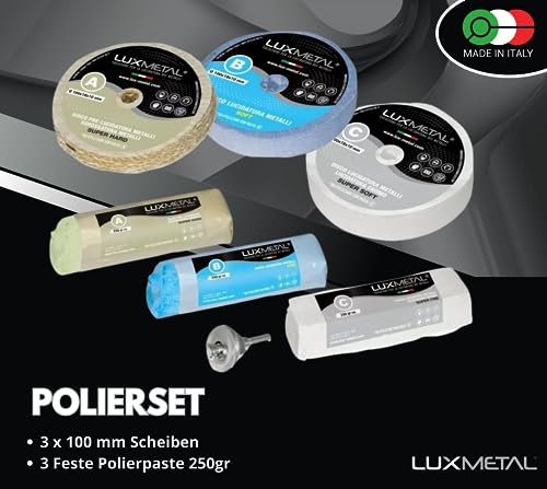 Lux Metal 3 polierpaste 250 g - 3 Polierscheibe 100 mm, Polierset set DIY kit Schleifpaste Metall, Aluminium, für Bohrmaschine, Edelstahl, Messing, Kupfer, Holz, Kunststoff, schleifmaschinen, messer
