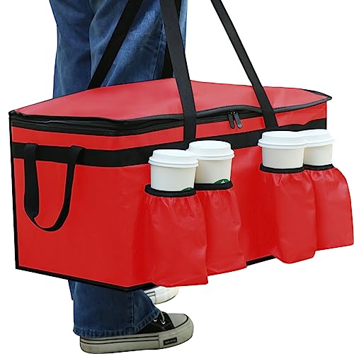 Image of musbus Insulated Food Delivery Bag with Cup Holders /Drink Carriers Premium XXL, Great for Beverages, Grocery, Pizza, Commercial Quality Hot and Cold, Red-bt, 23 inchW * 14 inchD* 15 inchH, cup sleeve insulation