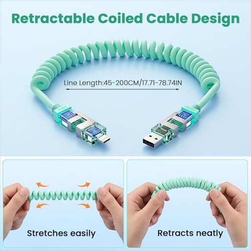 Image of Verilux 4-in-1 Spring Coiled USB to Type C Cable for iPhone 17 /16 /15 /14, PD 240W Type C Cable Fast Charging with 480Mbps Data Transfer, Fashion Retractable Lighting Cable Design for Home, Car, Green