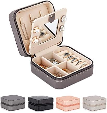 Meerveil Jewellery Box Organizer, Jewellery Boxes PU Leather with Mirror and Lock, Portable Jewellery Storage Case for Rings, Earrings, Necklaces, Gift for Girls and Women (Grey)