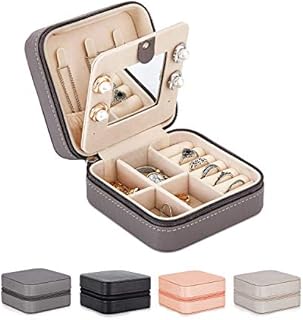 Meerveil Jewellery Box Organizer, Jewellery Boxes PU Leather with Mirror and Lock, Portable Jewellery Storage Case for Rings, Earrings, Necklaces, Gift for Girls and Women (Grey)