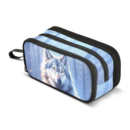 Image of Wolf Snowy Pencil Case Box Boys Girls Large Pencil Pouch Zipper Compartments Big Capacity Stationery Pen Bag Organizer for Kids Teens Adults School