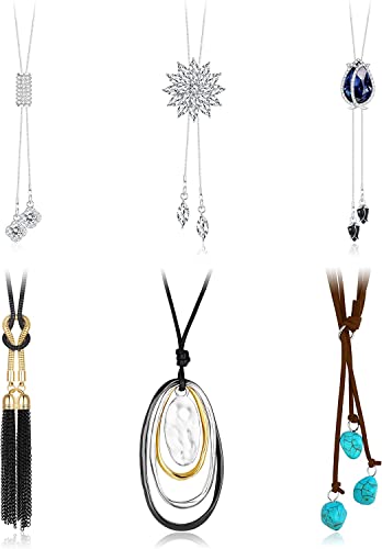 ADRAMATA 6 Pcs Long Necklaces for Women Turquoise Necklace Fashion Ethnic Pendant Necklace Flower Tassel Necklaces Sweater Necklace Set Long Silver Chain Necklaces Boho Necklaces for Women Girls