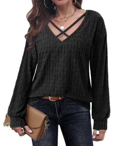 Image of Lotusmile Women's Soft Fuzzy Knit Hollow Out Lace Blouses Criss Cross V Neck Tops for Women Dressy Casual