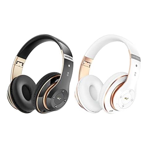 Bluetooth Headphones Over Ear, 6S Foldable Wireless Headphones with 6 EQ Modes, 40 Hours Playtime HiFi Stereo Headset with Mic, Soft Ear Pads, TF/FM for Cellphone/PC/Home (Black Gold&White Gold) Cover