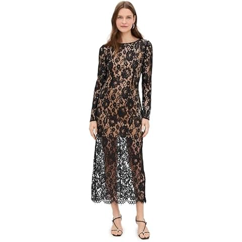 WAYF Women's Long Sleeve Scallop Hem Dress, Black Lace, L Cover