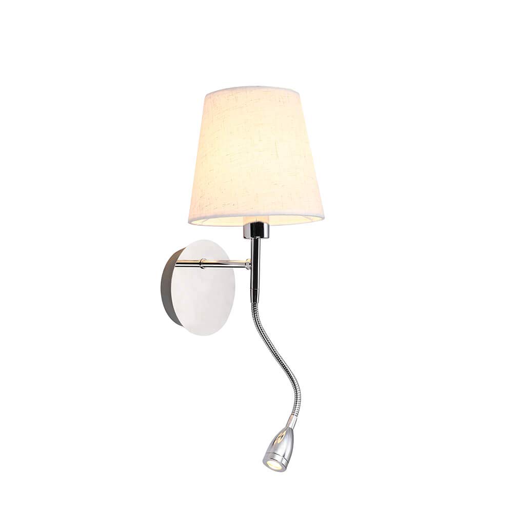 ONLI Applique in Metallo Cromato e Paralume in Tessuto Bianco. Faretto LED Flessibile Integrato con Interruttore sulla Base