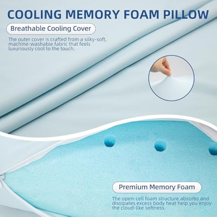 HIMOON Cooling Memory Foam Pillow, Bed Pillow for Sleeping, Standard Size, Breathable Memory Foam, Premium Support with Washable Cover for Back, Side and Stomach Sleepers (2 Packs)