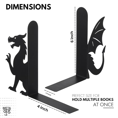 Image of Metal Dragon Bookends Set of 2 - Heavy Duty Metal Bookends for Shelves & Desk, Decorative Dragon Book Holder Stand, Non-Slip Book Organizer for Table, Fantasy Book Ends for Home Office & Gamers