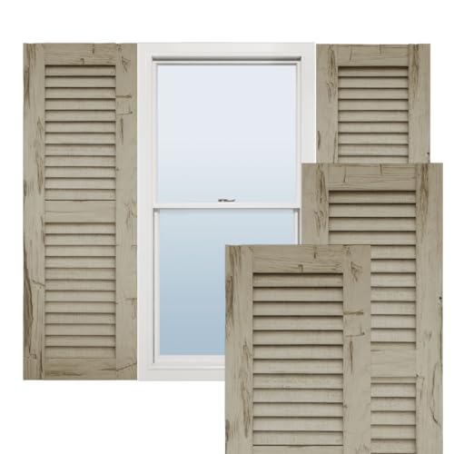 Ekena Millwork 18"W x 48"H Rustic Two Equal Louver Hand Hewn Faux Wood Shutters (Per Pair), Primed Tan