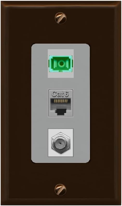 RiteAV 1 Port Fiber Optic Jack SC Simplex APC + Cat6 + Coax Wall Plate - 1 Gang Decorative [Stainless/Gray]