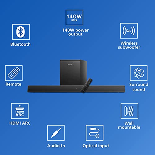 Image of Philips Soundbar TAB5305, Wireless Subwoofer, 2.1 Ch, Bluetooth Enabled, Optical Connectivity, HDMI ARC, 140W, Metal Grill, Powerful Bass (Black)