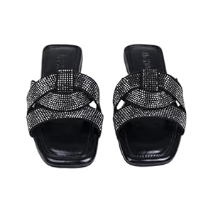 Women’s Flat Slide Sandals – Glitter Bling Casual Sandal Fashionable Slides With Soft Leather Rhinestone Open Toe Slides Slippers for Summer | Comfort Walking With Classic Shoes(Black)