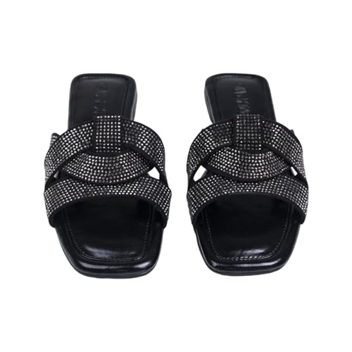 Womens-Flat-Slide-Sandals-Glitter-Bling-Casual-Sandal-Fashionable-Slides-With-Soft-Leather-Rhinestone-Open-Toe-Slides-Slippers-for-Summer-Comfort-Walking-With-Classic-ShoesBlack