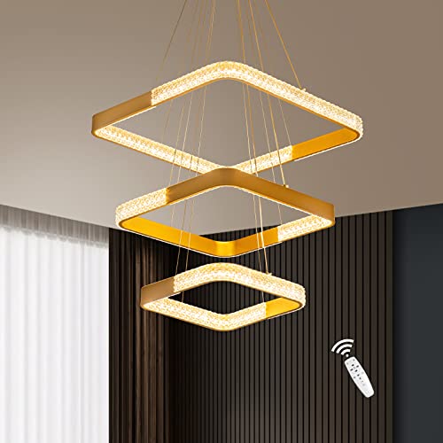 Dexulesa Modern Led Chandelier Square Acrylic Shade Dimmable Gold Pendant Light 60W Simple Ceiling Light Adjustable Height Living Room Light Fixture For Foyer Bedrooms Dress Room #TOP4