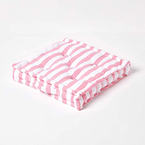 HOMESCAPES - Thick Stripe Pink - 100% Cotton - Floor Cushion - Soft Baby Pink - 40 x 40 x 10 cm Square - Indoor - Garden - Dining Chair Booster - Seat Pad Cushion.