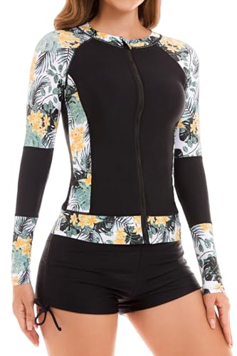 Maeau Dam Rash Guard långärmad badmode set tvådelad baddräkt simning tröja främre dragkedja badskjorta simshorts för vattensport S M L XL, svart, XL