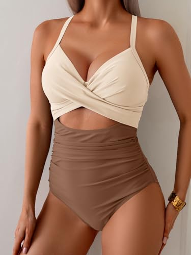 Eomenie Women's One Piece Swimsuits Tummy Control Cutout High Waisted Bathing Suit Wrap Tie Back 1 Piece Swimsuit Blue Floral Print - Thumbnail 3