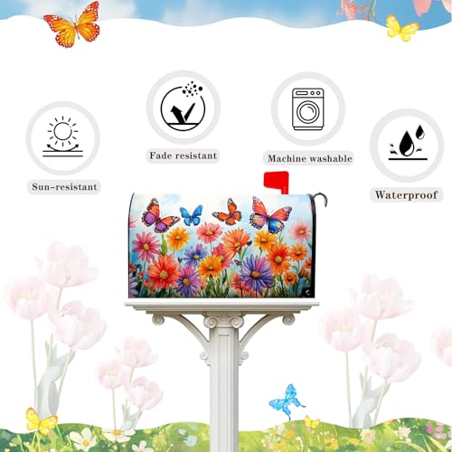 Colorful Daisy Butterfly Magnetic Mailbox Cover Standard Size 21x18 Inch, Vibrant Floral Mailbox Wrap, Spring Summer Waterproof Mailbox Cover for Outdoor Yard Garden Decor. — view 3