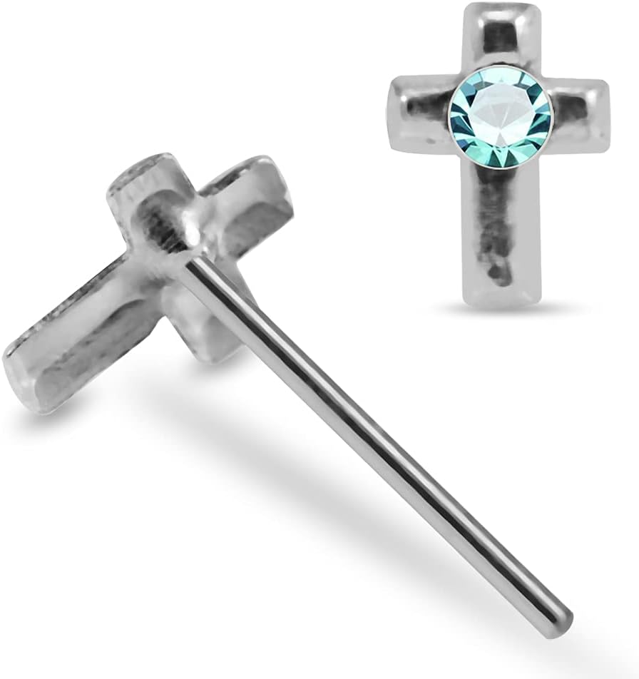 Cross Design 22 Gauge 925 Sterling Silver Straight Nose Pin - Nose Stud - Tiny Nose Ring - Nose Piercing Body Jewelry