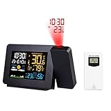 Pantalla LCD multifuncional y brillo ajustable: puedes ver la hora, fecha, día de la semana, temperatura interior y exterior, humedad, previsión meteorológica y otra información para facilitar tu vida diaria. Nuestro reloj de proyección con temperatura interior y exterior predice las tendencias meteorológicas basadas en la temperatura exterior y la humedad, lo que lo hace fácil para la vida diaria, lo que le permite elegir la mejor ropa y decidir si quiere o no llevar un paraguas. El brillo de la pantalla se puede ajustar.