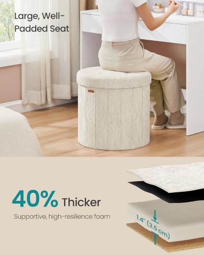 Image of SONGMICS Mazie Collection - Round Storage Ottoman, Folding Footrest Stool with Removable Lid, Easy Assembly, PU Leather Vanity Stool for Bedroom, Living Room, Entryway, Cream White ULSF609WD01