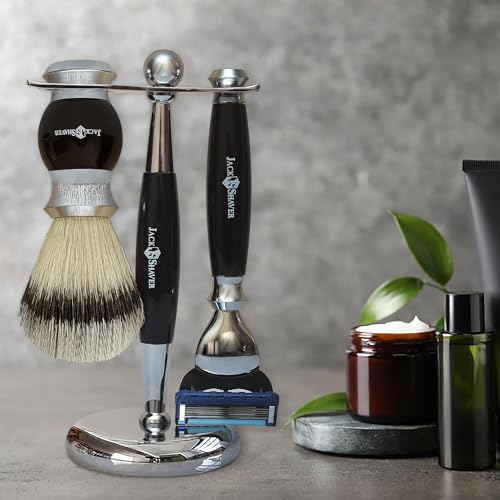 Jack Shaver Męski zestaw do golenia – osobisty zestaw do golenia 5 szt. dla mężczyzn, maszynka do golenia z 5 krawędziami, syntetyczny pędzel do golenia borsuka, mydło do golenia i miska, stojak do