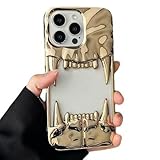 Yesunktt くり抜きしわタイガー歯デザイン iPhone 15 Pro Max用 ケース 電気メッキ マット仕上げ 耐衝撃 シリコン ソフトカバー 3Dテクスチャードクリエイティブスタイル、電気メッキゴールド